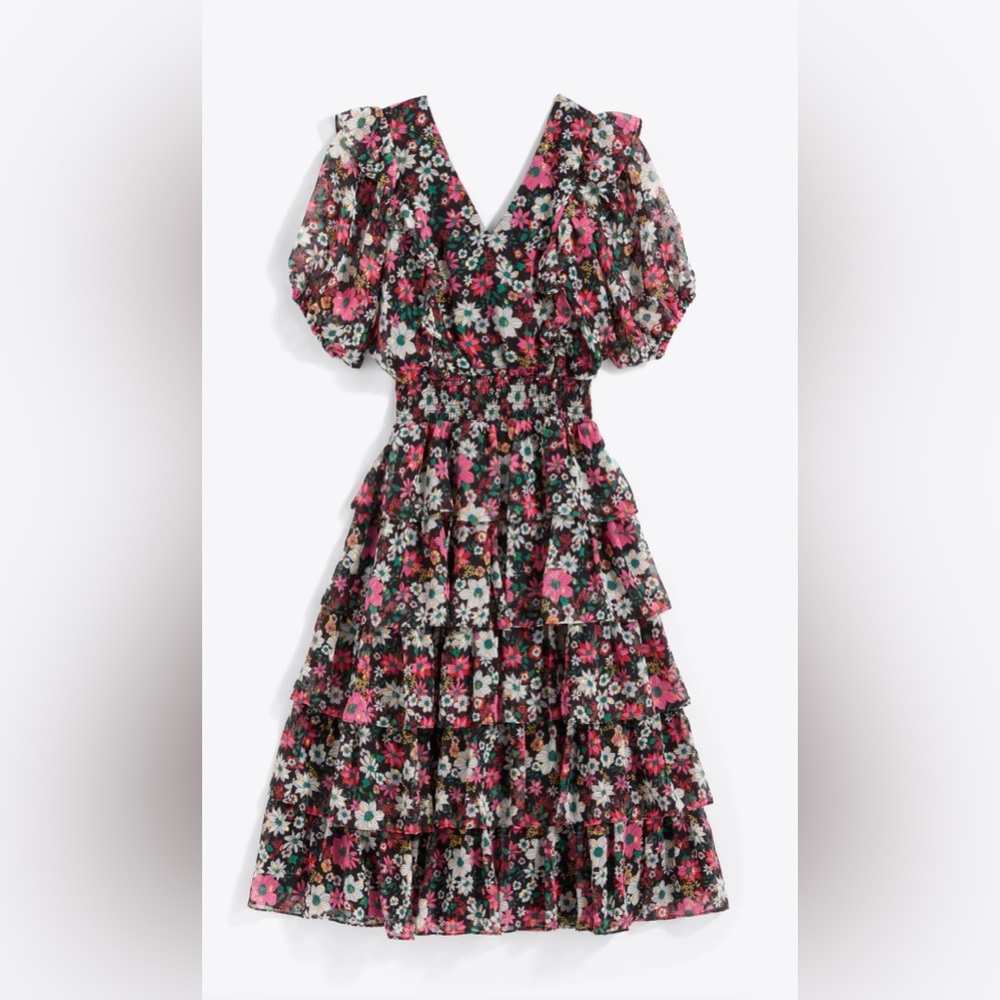 NWT Draper James LEAH TIERED RUFFLE MIDI DRESS IN AMARYLLIS FIL COUPE